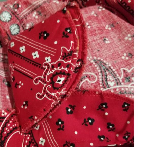 80s Midi Red Kerchief Print Dress Button Short Sleeve Crew Neck VINTAGE Size XL - Picture 8 of 8